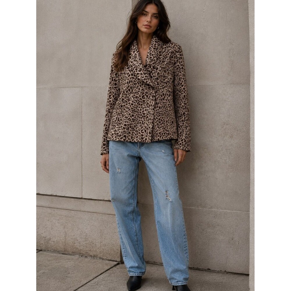 David Brooks Leopard Print Jacket Women's Brown Tan Cowl Neck Textured - Large